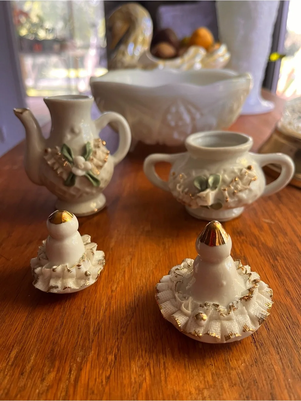 White Porcelain Creamer and Sugar Set with Gold Accents